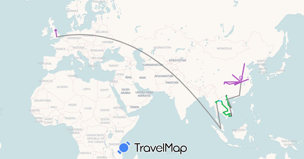 TravelMap itinerary: driving, bus, plane, train, boat, motorbike in China, United Kingdom, Cambodia, Laos, Malaysia, Thailand, Vietnam (Asia, Europe)